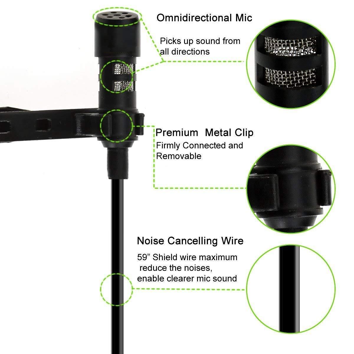 Dynamic Lapel Collar Omnidirectional Mic Voice Recording Lavalier Microphone For Singing YouTube, Black
