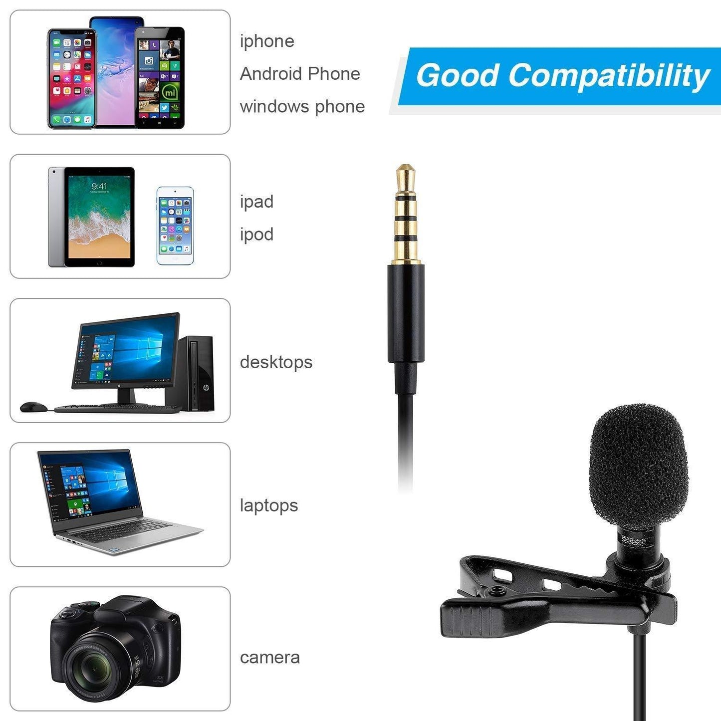 Dynamic Lapel Collar Omnidirectional Mic Voice Recording Lavalier Microphone For Singing YouTube, Black